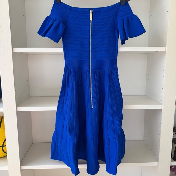 TED BAKER Bardot Frill Knitted Off-the-Shoulder Skater Dress Criptum Blue - Picture 8 of 9